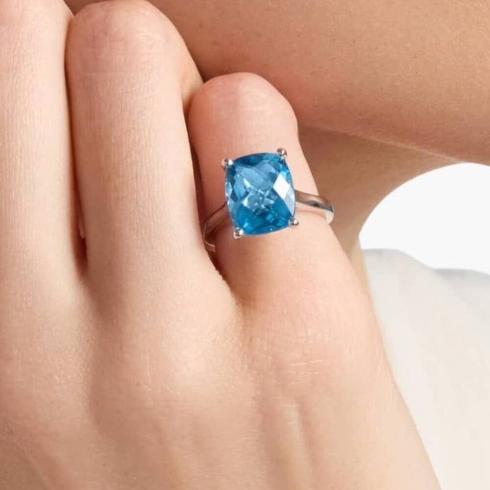 Stunning Cushion Cut Blue Topaz Sterling Silver Ring